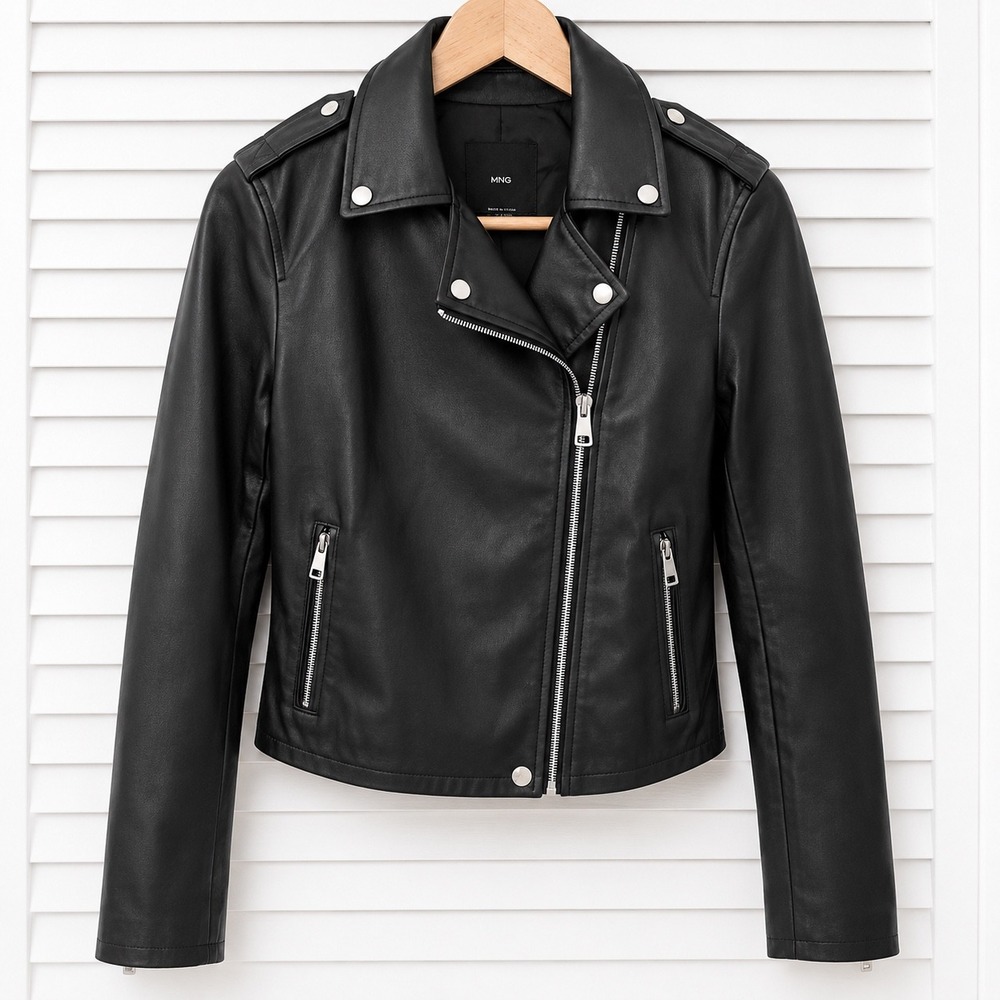 Mango MNG Womens Black Faux Leather Biker Moto Jacket XS New With Tags